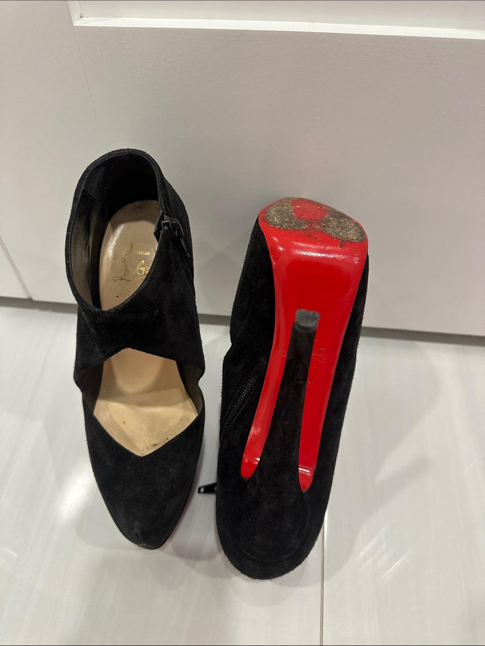 Christian Louboutin Black Suede Cutout Pointed Stiletto Booties with Red Soles - Picture 2 of 2